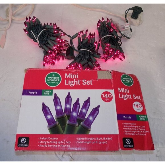140 Lights Purple String Lights Christmas Mini Light Set Lighted length 28' - Picture 2 of 3